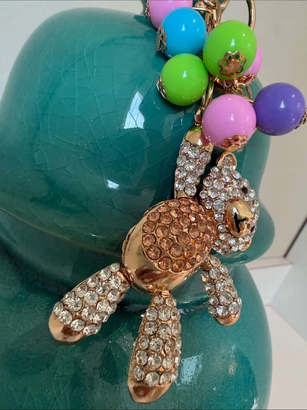 Crystal Teddy Bear Keychain with Colorful Bead Charms NWT